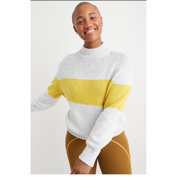 AERIE Oh-Snow-Soft Women’s Off White with Yellow Stripe Mock Neck Sweater Small - Picture 1 of 7